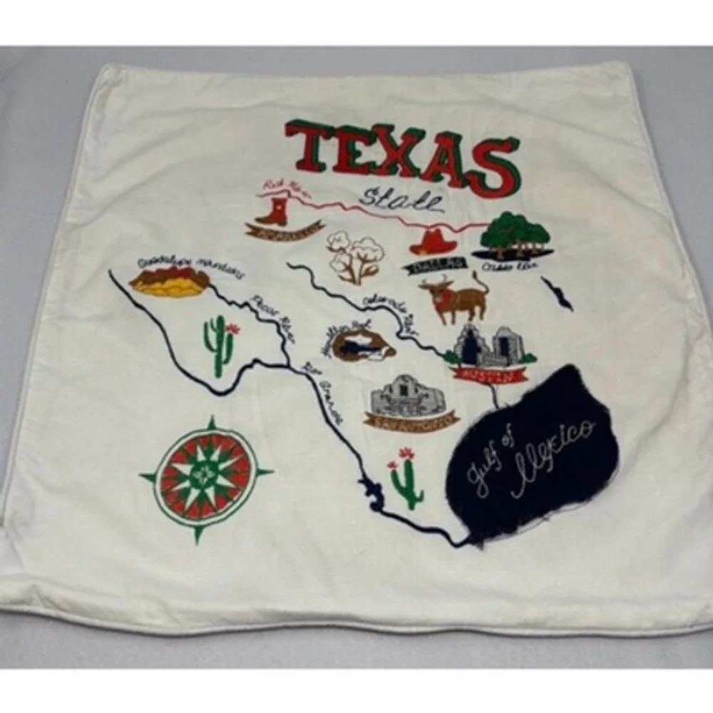 Texas State‎ Map Pillow Cover Embroidered Alamo Pecos River Boot Western
